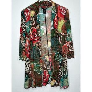 ALI MILES Cardigan Womens Small Colorful Mesh 3/4 Sleeve Open Front Artsy